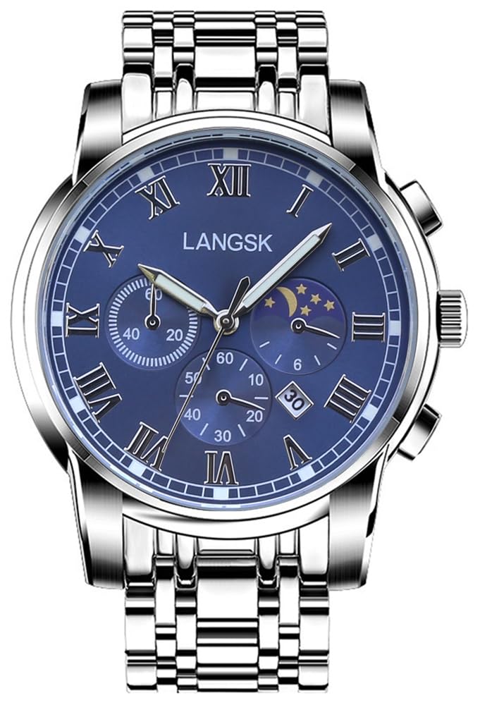 HUNRUY Mens Stainless Steel Luminous Analog Quartz Watches Waterproof Date Casual Wrist Watch (Silver and Blue)